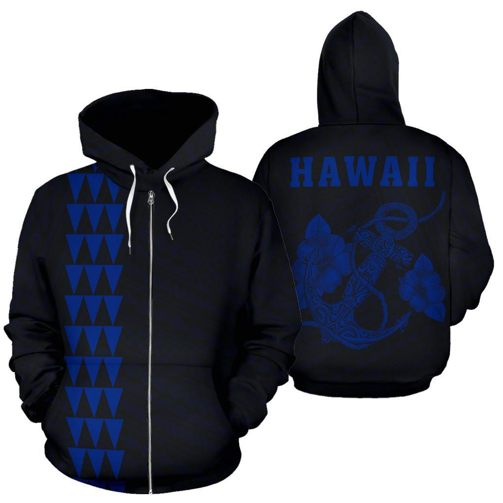 Polynesian Kakau Anchor Hibiscus Hawaii Zip Hoodie Blue Unisex Blue - Polynesian Pride