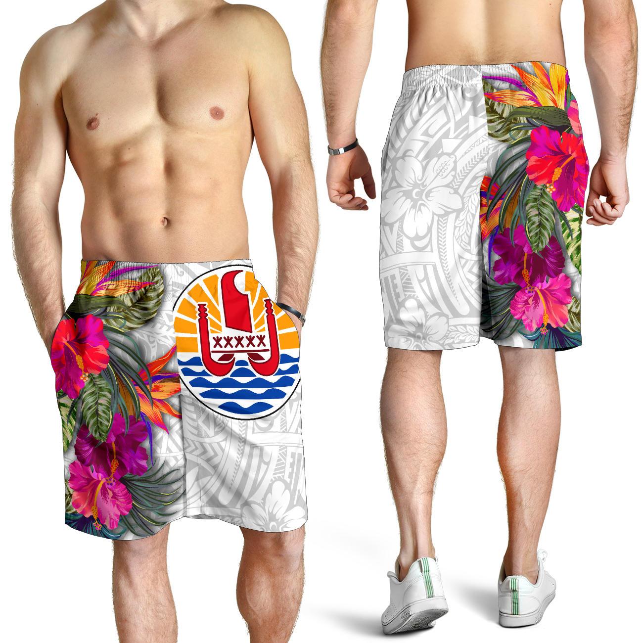 Tahiti Men's Shorts Hibiscus Polynesian White Pattern White - Polynesian Pride