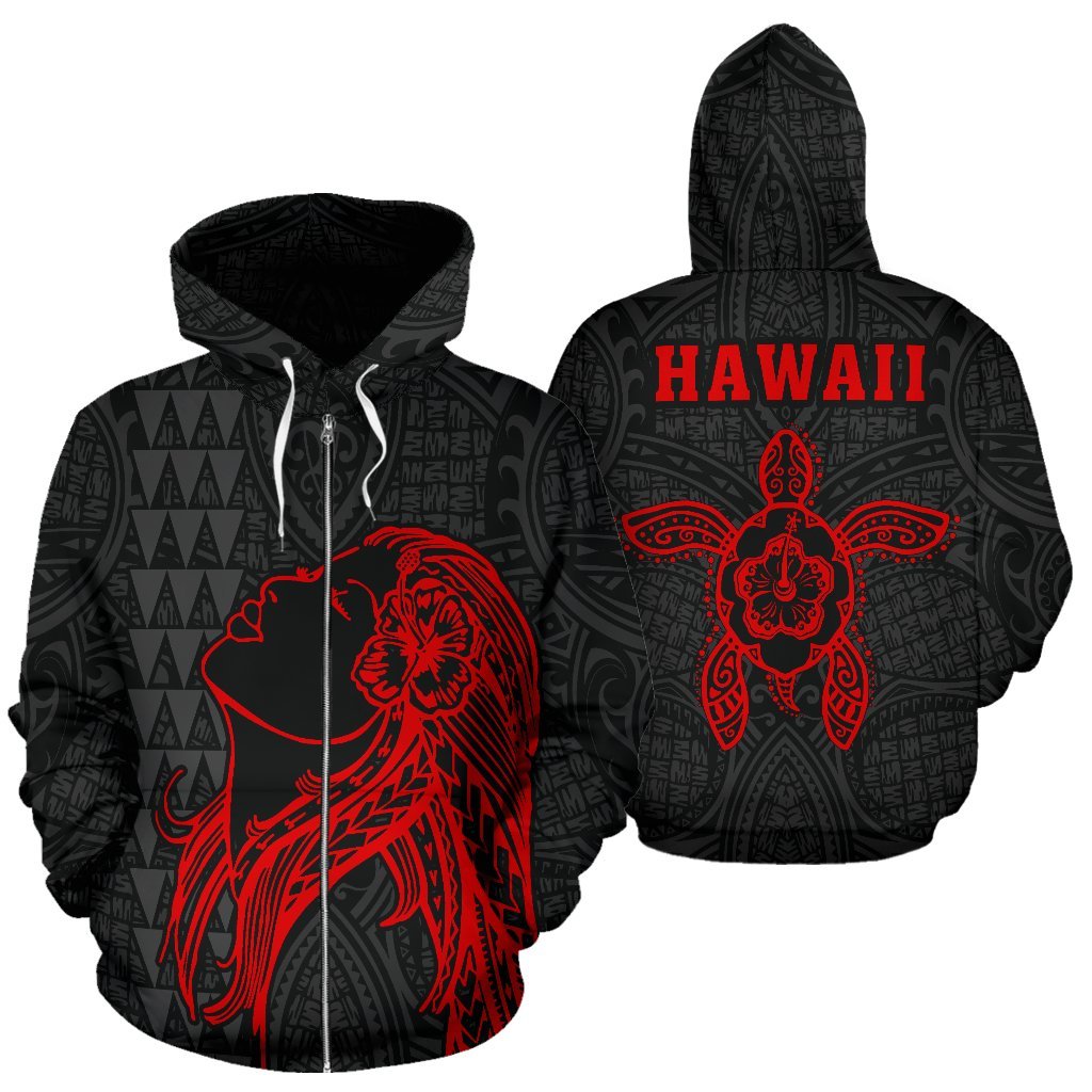 Polynesian Kakau Hula Girl Turtle Hibiscus Hawaii Zip Hoodie Red Unisex Red - Polynesian Pride