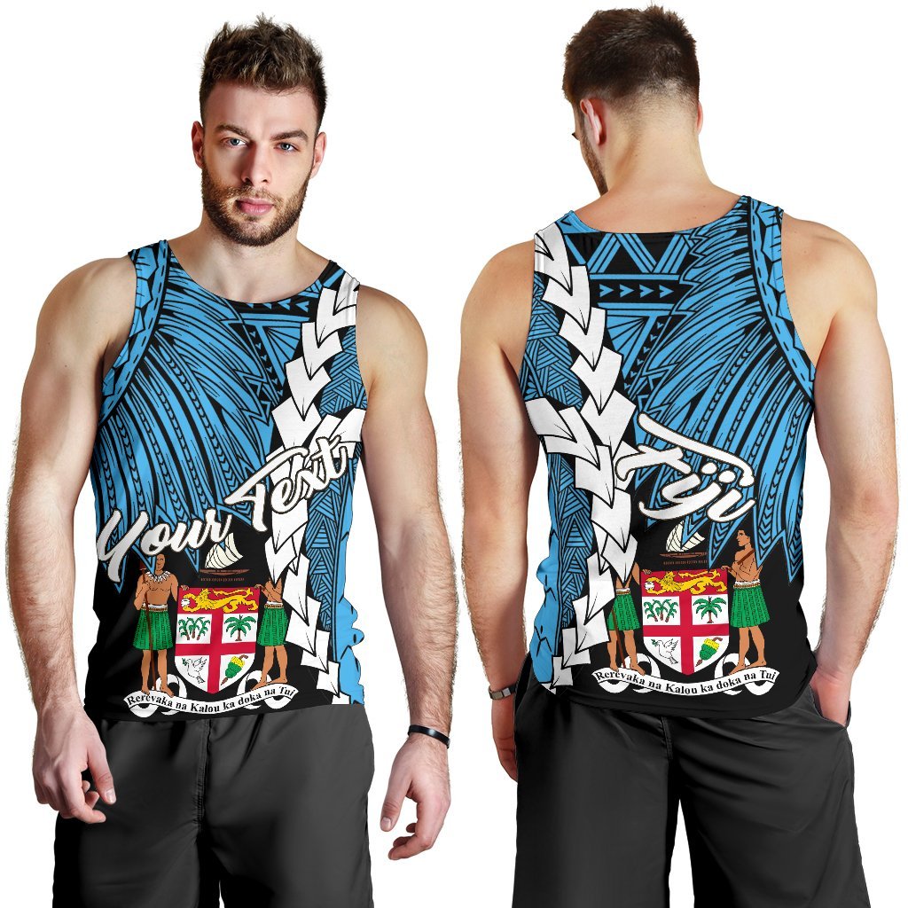 Fiji Polynesian Custom Personalised Men's Tank Top - Tribal Wave Tattoo Flag Style Blue - Polynesian Pride