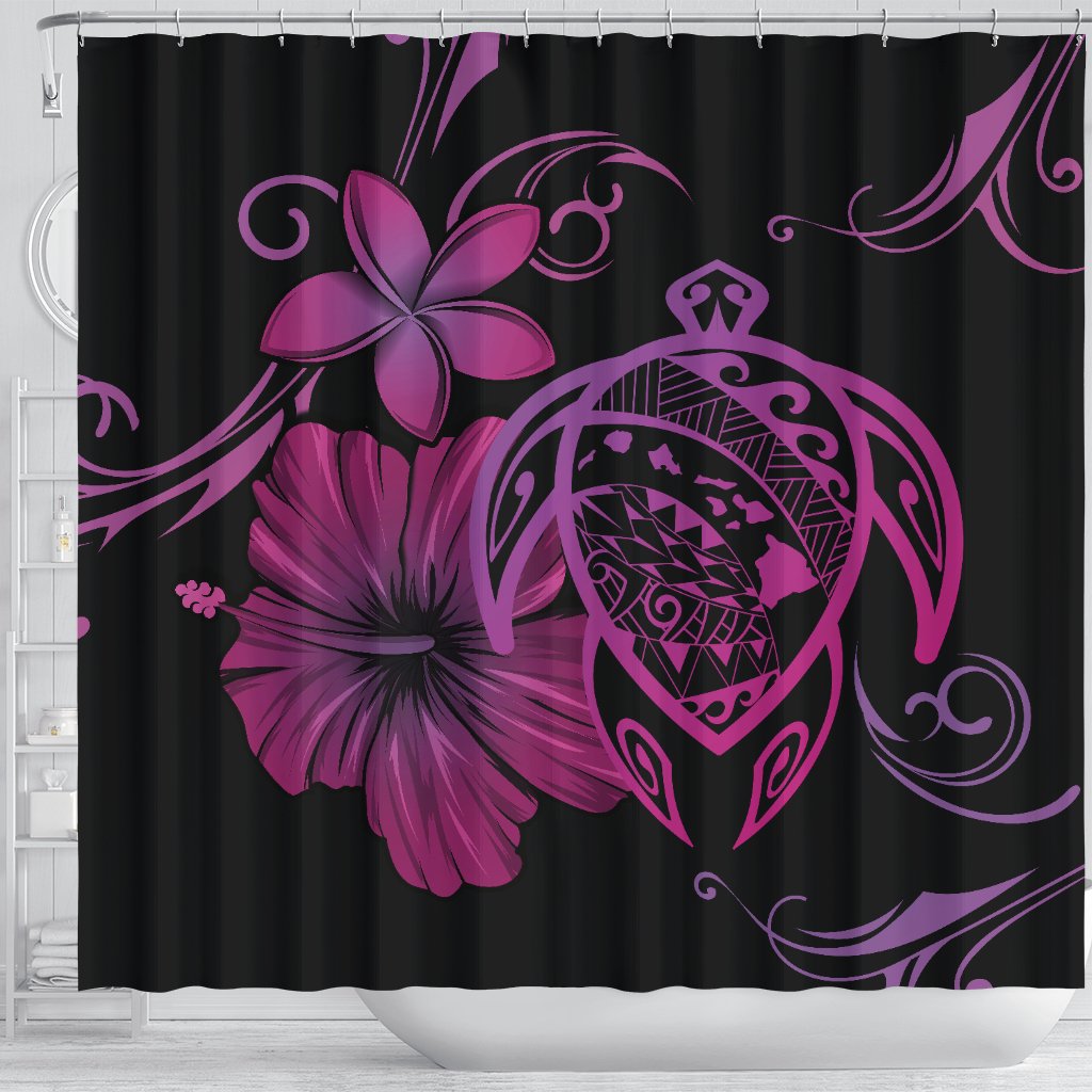 Hawaii Turtle Map Hibiscus Plumeria Poly Shower Curtain - Pink - Polynesian Pride
