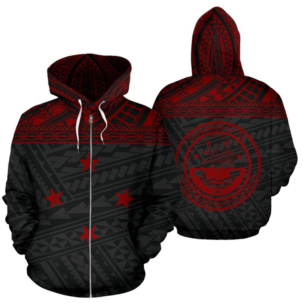 Federated States of Micronesia All Over Zip up Hoodie Red Style Black - Polynesian Pride