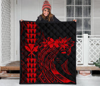 Hawaii Map Kanaka Polynesian Hula Girl Premium Quilt - Red - Polynesian Pride