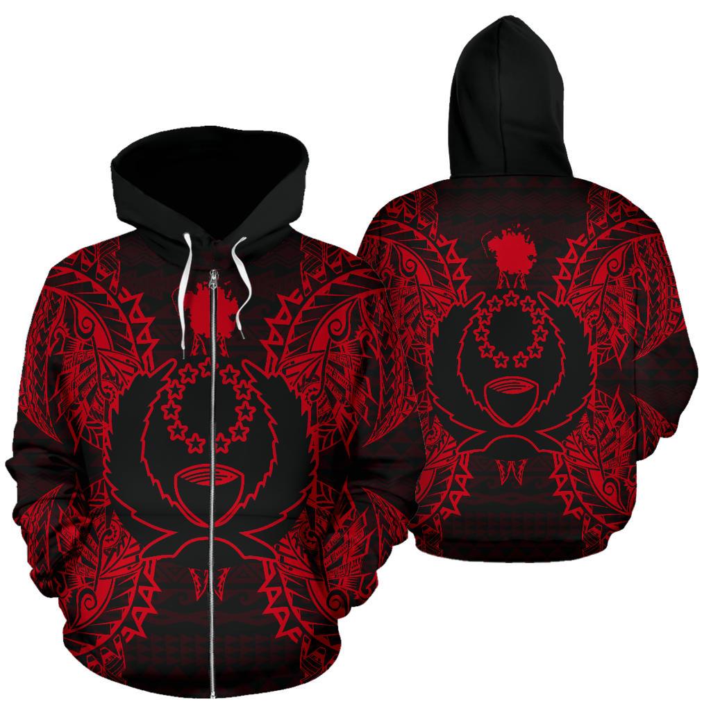Pohnpei Polynesian All Over Zip up Hoodie Map Red Unisex Red - Polynesian Pride