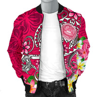 American Samoa Polynesian Men's Bomber Jacket - Turtle Plumeria (Pink) - Polynesian Pride