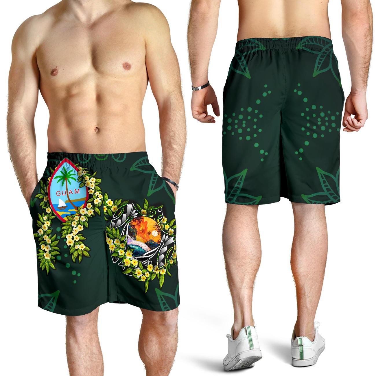 Guam Polynesian Men Shorts - Ti Leaf Lei Turtle Green - Polynesian Pride