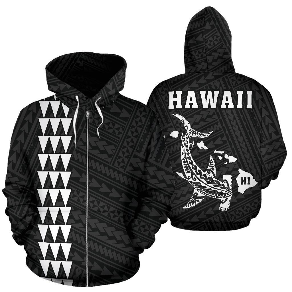 Polynesian Kakau Hammerhead Shark Map of Hawaii Zip Hoodie White Unisex White - Polynesian Pride