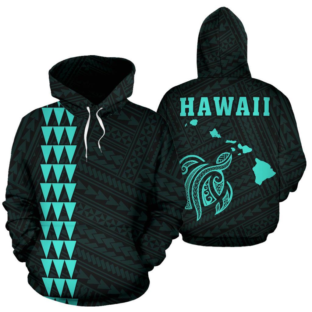 Polynesian Kakau Turtle Map of Hawaii Hoodie Turquoise Unisex Turquosie - Polynesian Pride