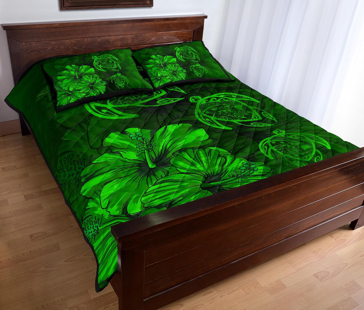 Hawaiian Map Turtle Hibiscus Vintage Polynesian Quilt Bedding Set Green - Polynesian Pride