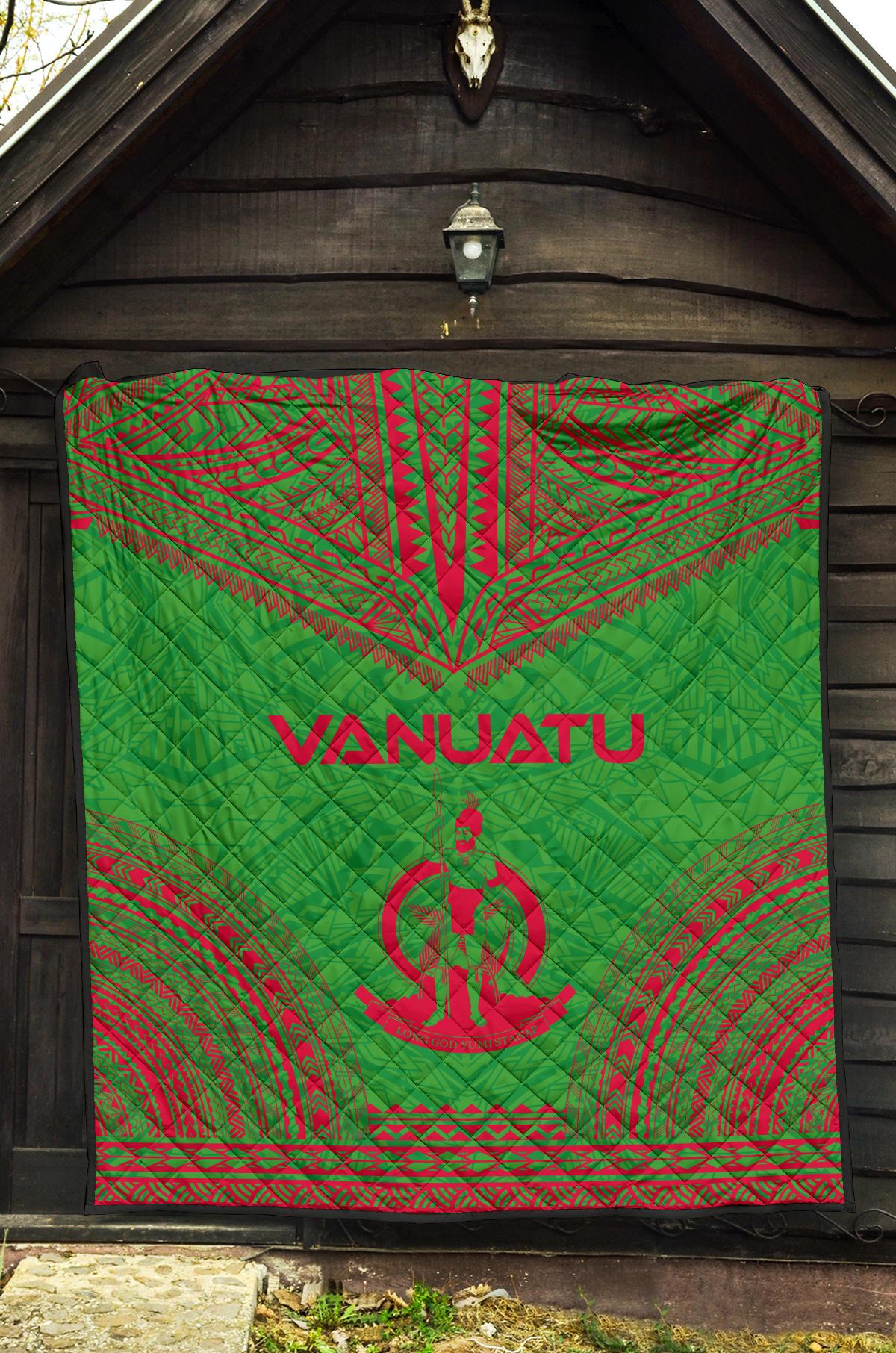 Vanuatu Premium Quilt - Vanuatu Coat Of Arms Polynesian Chief Green Version - Polynesian Pride