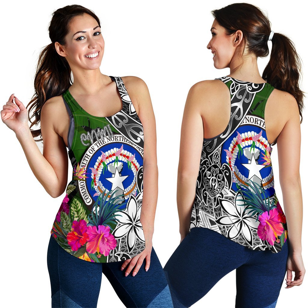 Northern Mariana Islands Women Racerback Tank - Turtle Plumeria Banana Leaf - Polynesian Pride
