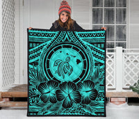 Hawaii Premium Quilt - Hawaii Map Honu Hibiscus Turquoise Polynesian Premium Quilt - Polynesian Pride