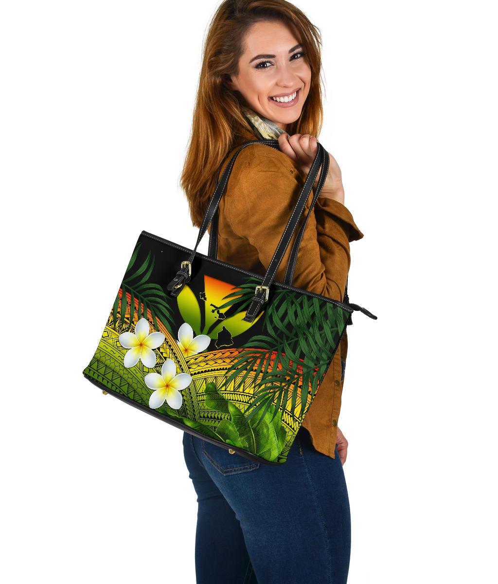 Kanaka Maoli (Hawaiian) Leather Tote Bag, Polynesian Plumeria Banana Leaves Reggae - Polynesian Pride
