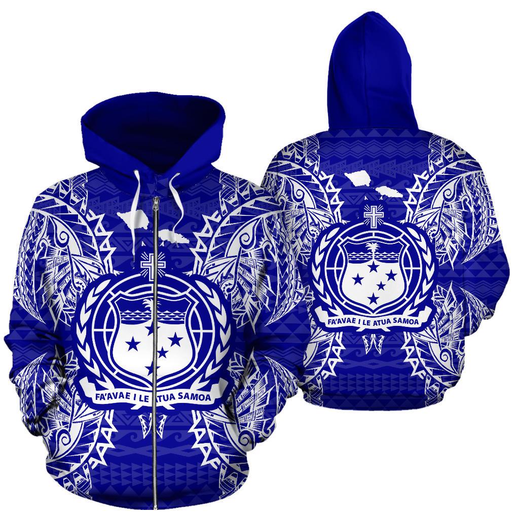 Samoa Polynesian All Over Zip up Hoodie Map Blue Unisex Blue - Polynesian Pride
