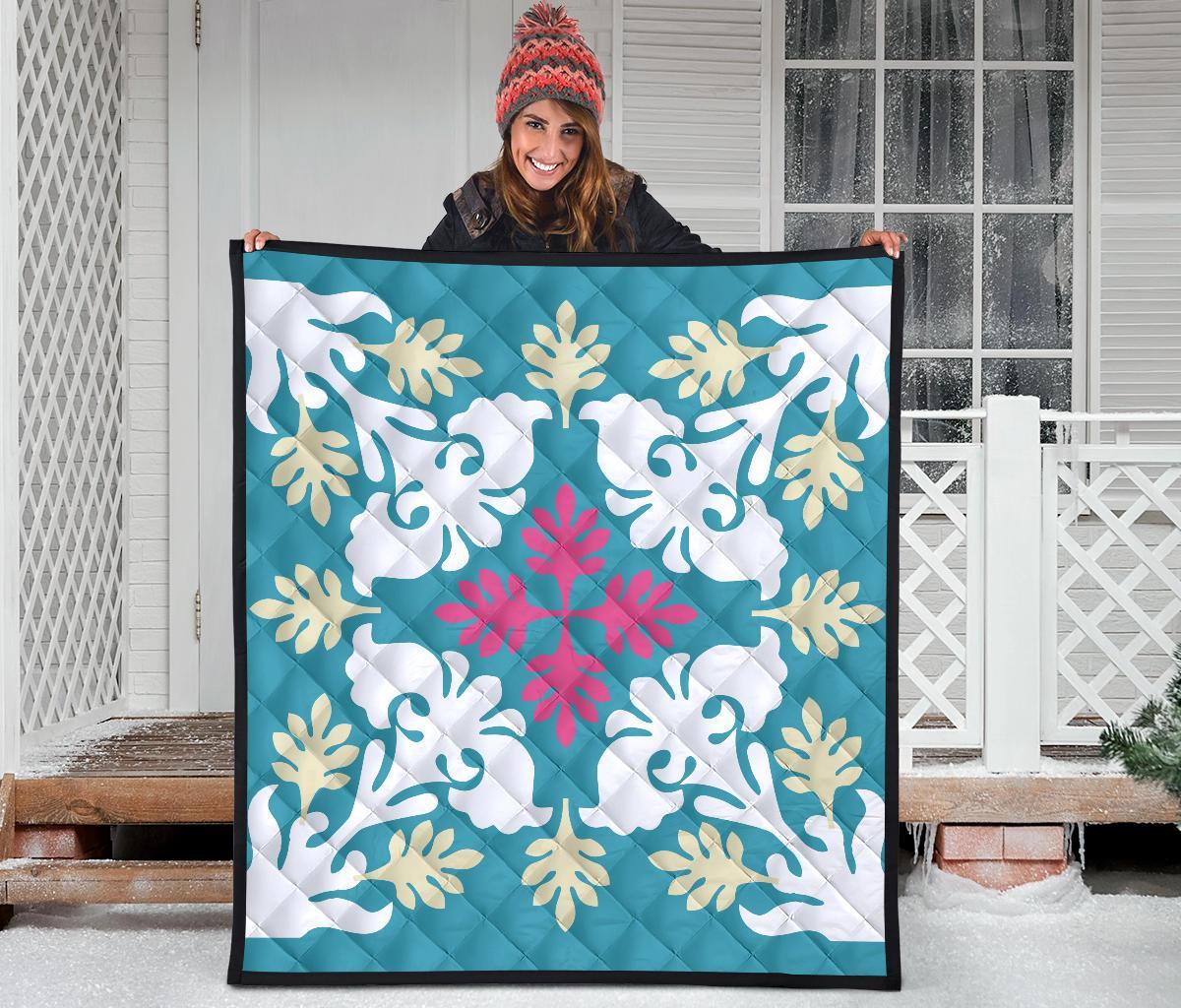 Hawaiian Leaves Tropical Pattern Premium Quilt - Pastel And White - Argu Style - AH - Polynesian Pride