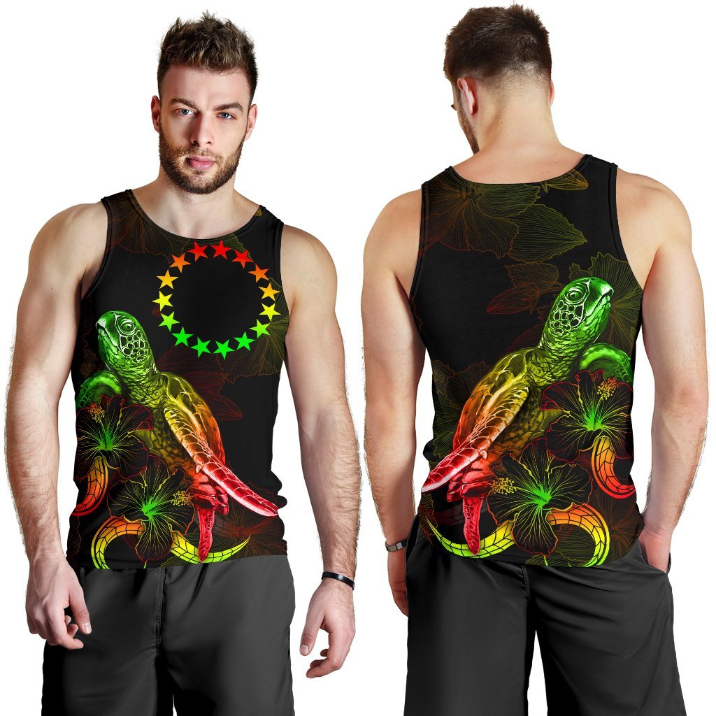 Cook Islands Polynesian Men Tank Top - Turtle With Blooming Hibiscus Reggae - Polynesian Pride