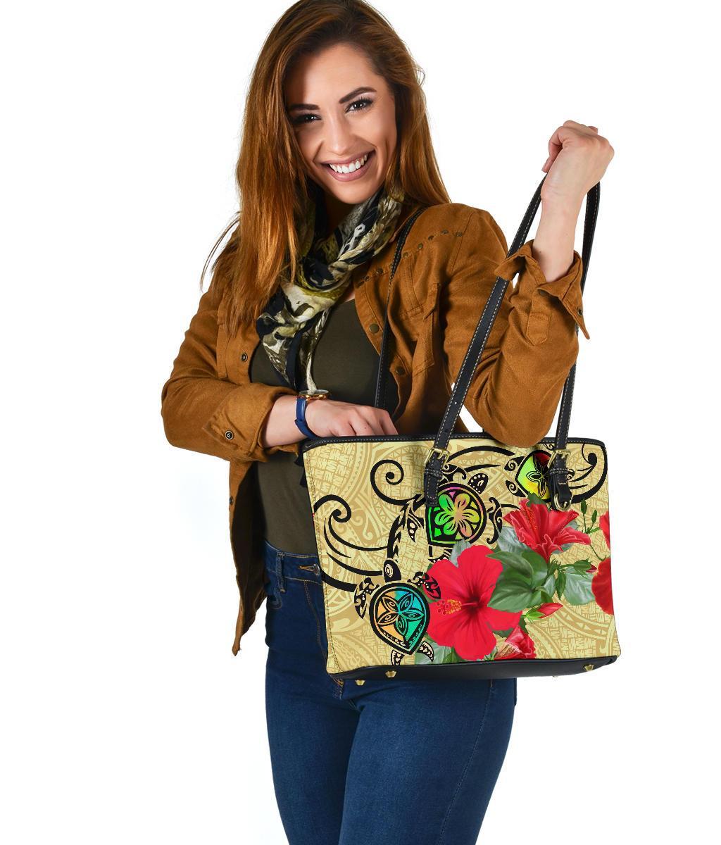 Hawaiian Marble Turtles Hibiscus Leather Tote Bag Small AH - Polynesian Pride