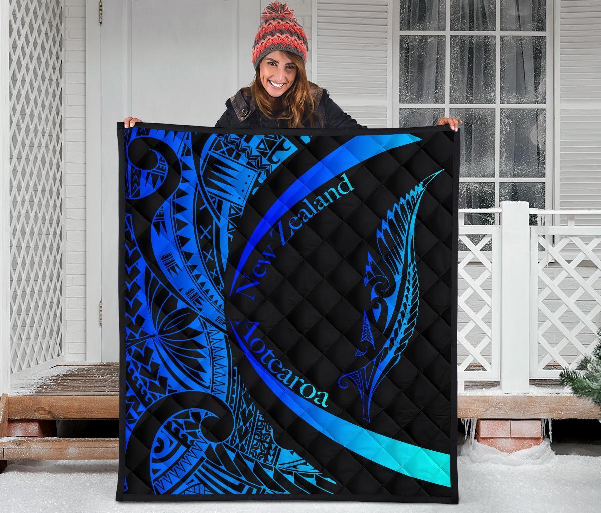 New Zealand Silver Fern Premium Quilt Maori Tattoo Circle Style - Blue Blue - Polynesian Pride