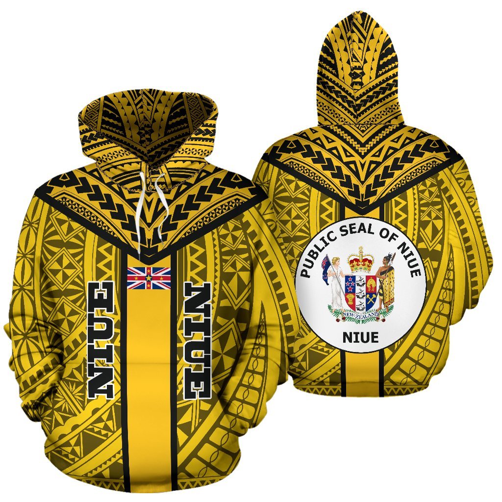 Niue Hoodie Niue Flag Coat of Arms Polynesian Tattoo Unisex Yellow - Polynesian Pride