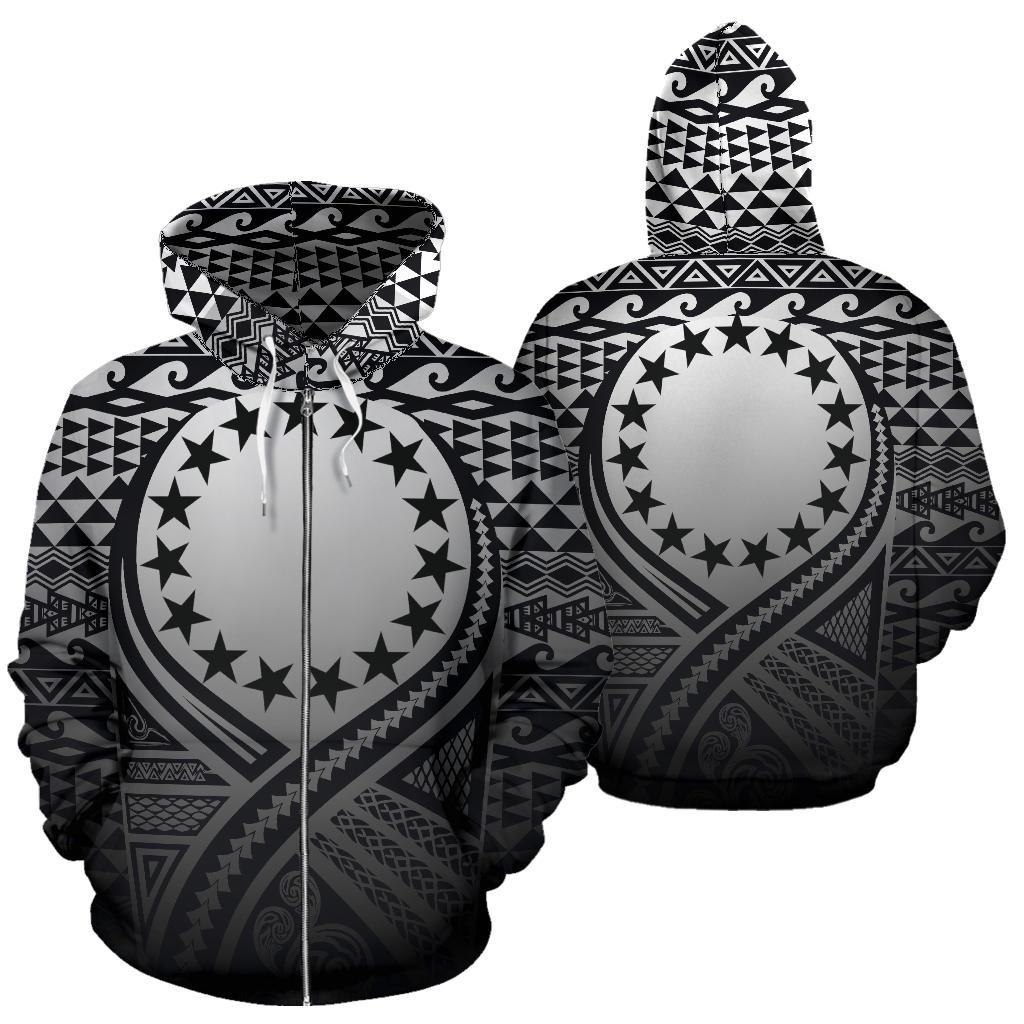 Cook Islands All Over Zip up Hoodie Lift up Black Unisex Black - Polynesian Pride
