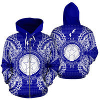 Northern Mariana Islands Polynesian All Over Zip up Hoodie Map Blue Unisex Blue - Polynesian Pride
