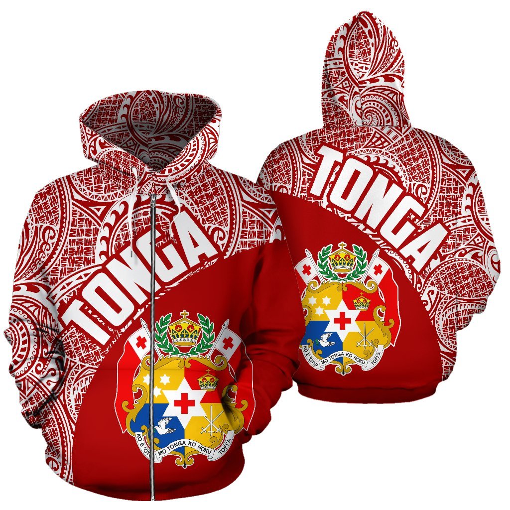 Tonga Zip up Hoodie Tonga Coat of Arms Polynesian Tattoo Red White Unisex Black - Polynesian Pride