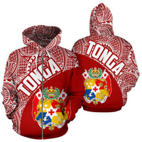 Tonga Zip up Hoodie Tonga Coat of Arms Polynesian Tattoo Red White Unisex Black - Polynesian Pride