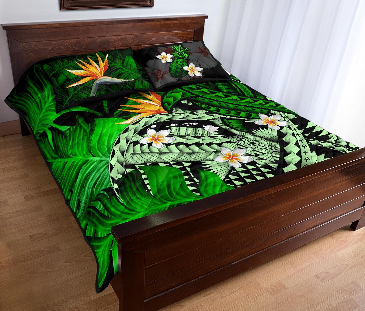 Kanaka Maoli (Hawaiian) Quilt Bed Set, Polynesian Pineapple Banana Leaves Turtle Tattoo Green - Polynesian Pride