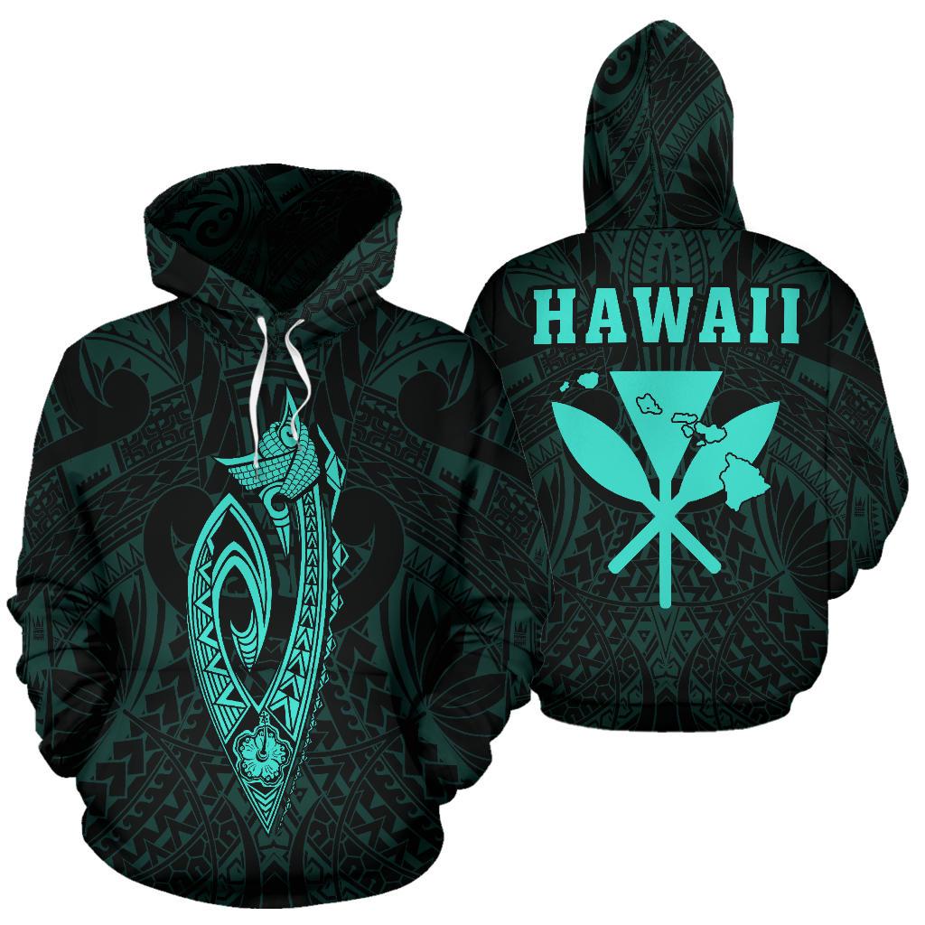 Polynesian Fish Hook Kanaka Map of Hawaii Hoodie Turquoise Unisex Turquoise - Polynesian Pride