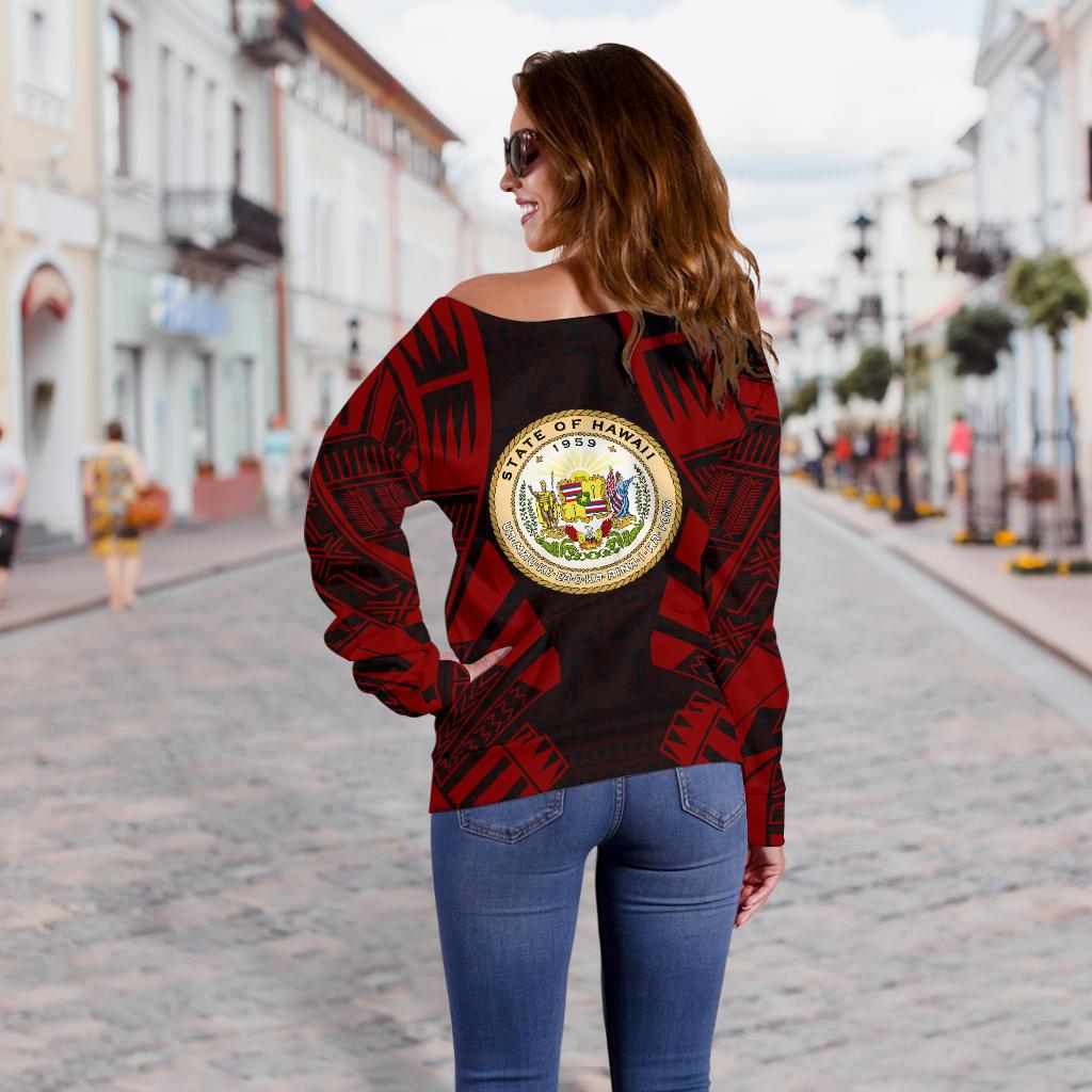 Hawaii Women's Off Shoulder Sweater - Polynesian Tattoo Red - Polynesian Pride