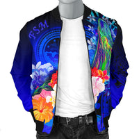Federated States of Micronesia Men's Bomber Jacket - Humpback Whale with Tropical Flowers (Blue) - Polynesian Pride
