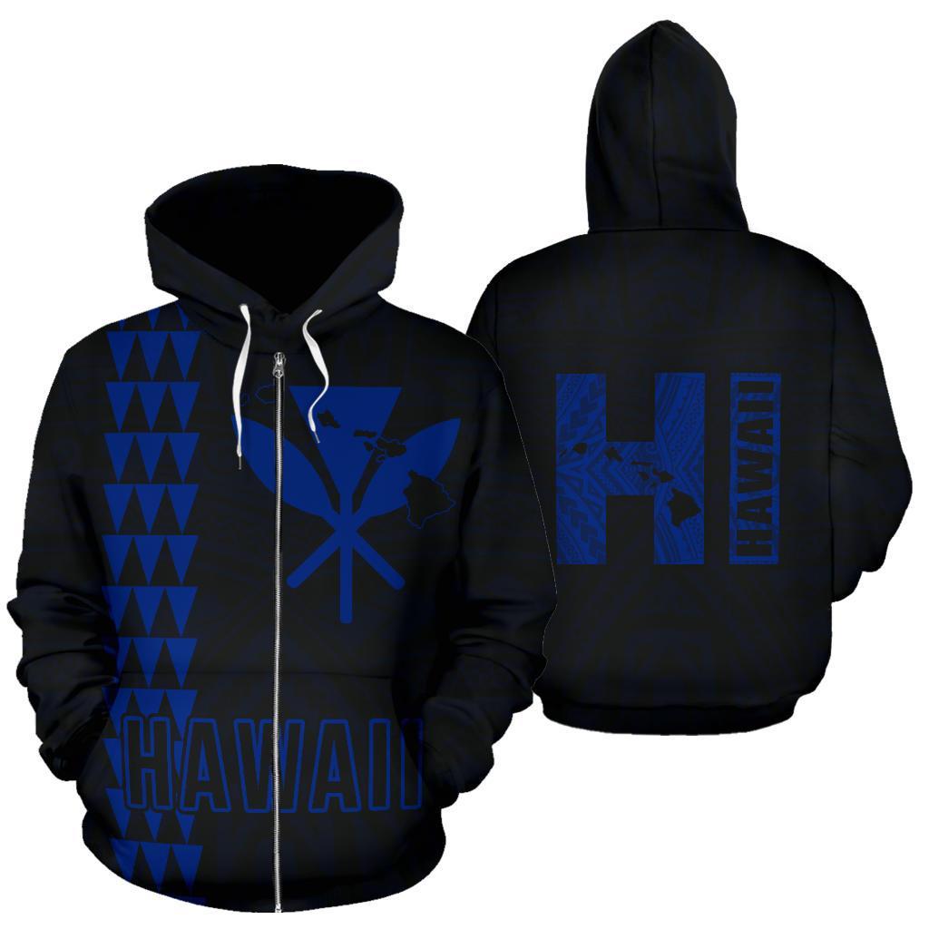 Polynesian Kakau Kanaka Map of Hawaii Zip Hoodie Blue Unisex Blue - Polynesian Pride