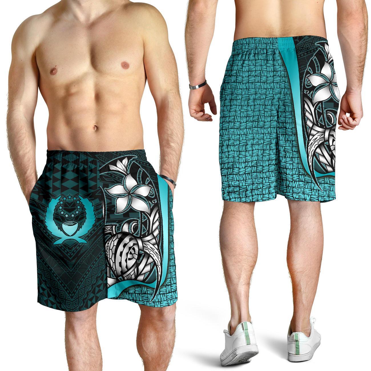 Pohnpei Micronesian Men's Shorts Turquoise - Turtle With Hook Turquoise - Polynesian Pride