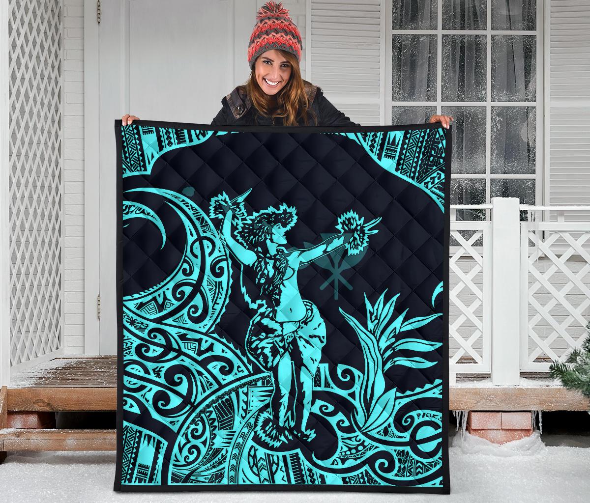 Polynesian Hawaii Premium Quilt - Hula Girl Neon Blue - Polynesian Pride