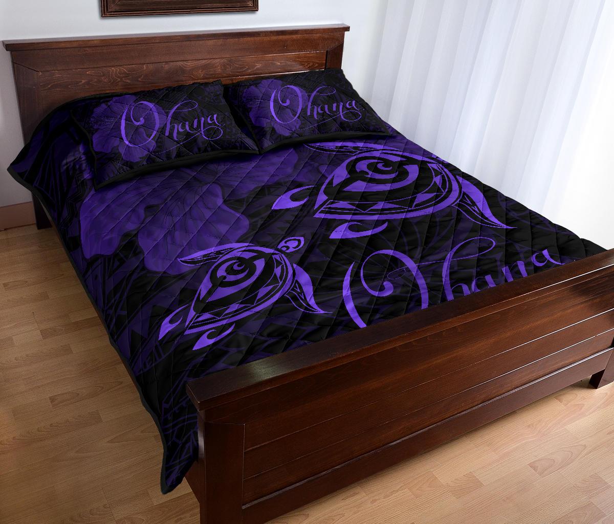 Hawaii Turtle Ohana Hibiscus Poly Quilt Bed Set Purple - Polynesian Pride