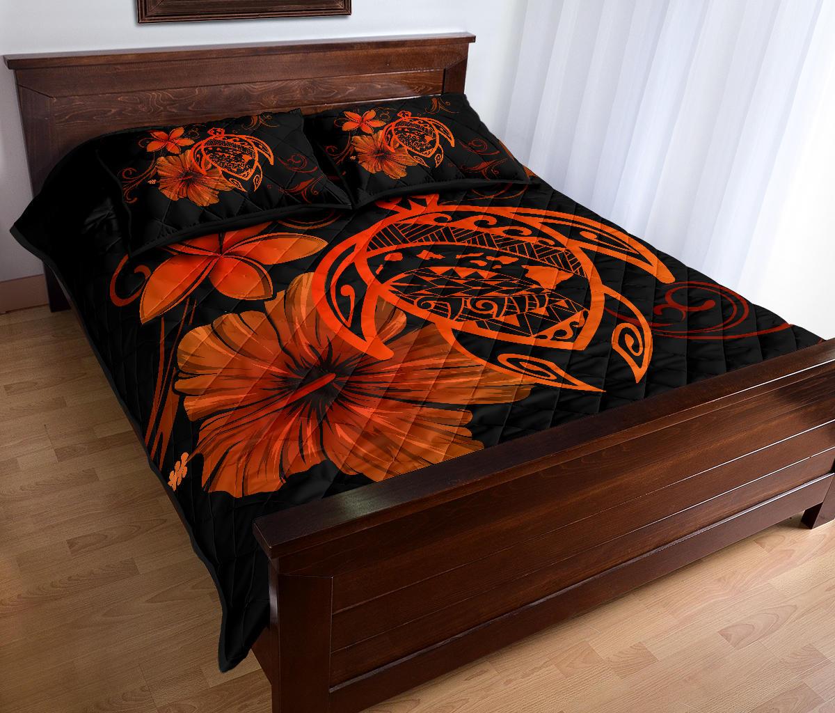 Hawaii Turtle Kanaka Map Hibiscus Poly Quilt Bed Set - Orange - Polynesian Pride