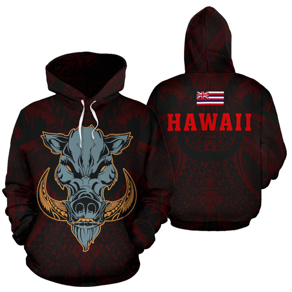 Polynesian Kamapuaa Flag of Hawaii Hoodie Red Hawaiian Mythology Style Unisex Red - Polynesian Pride