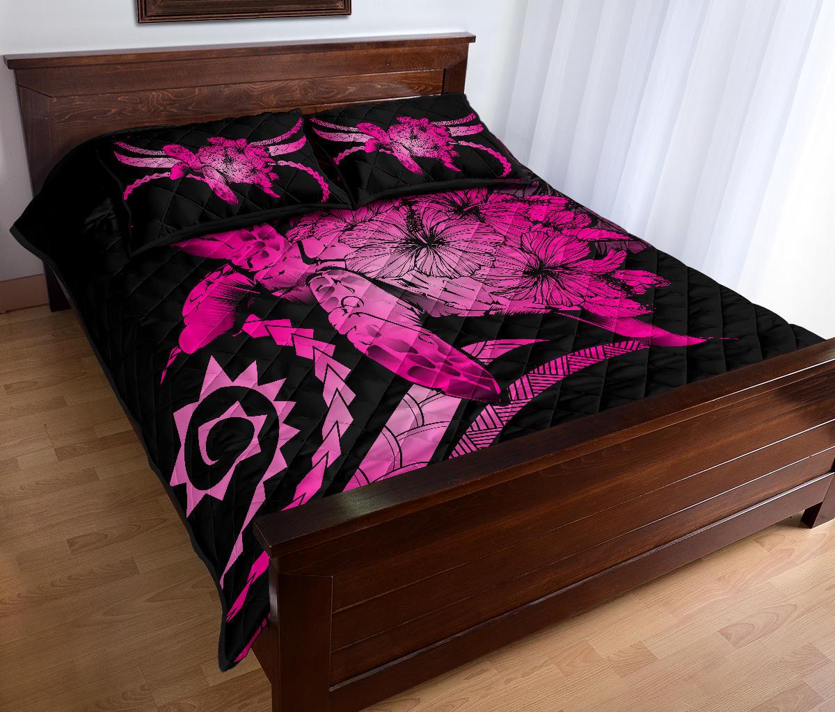 Hawaii Turtle Hibiscus Polynesian Vintage Quilt Bed Set - Pink - Polynesian Pride