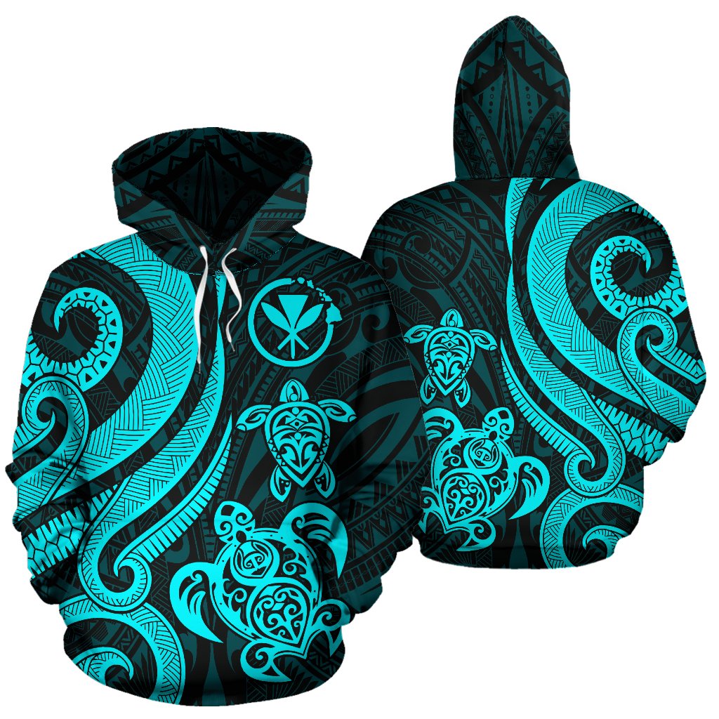 Polynesian Hawaii Hoodie Turquoise Kanaka Maoli Tentacle Turtle Unisex Blue - Polynesian Pride