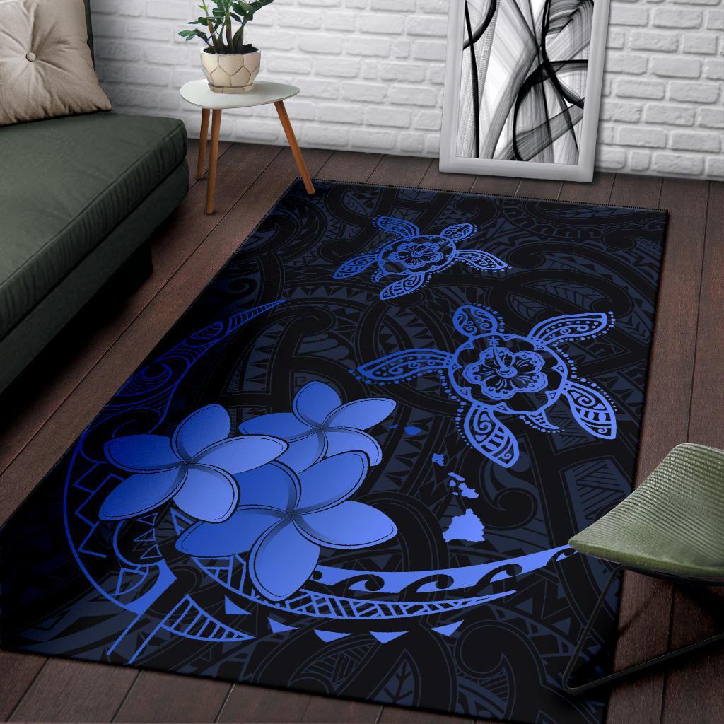 Hawaii Polynesian Turtle Plumeria Rug - Pog Style Blue - Polynesian Pride