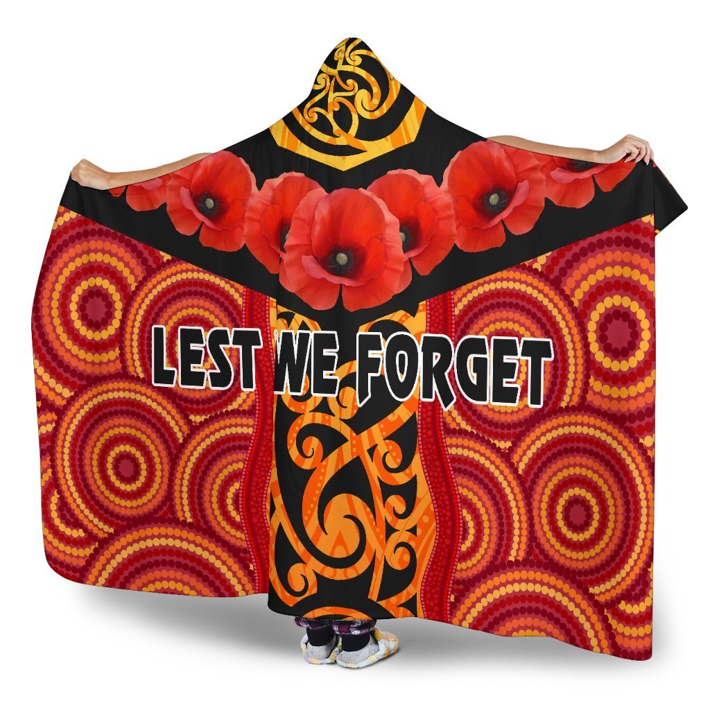 Anzac Lest We Forget Poppy Hooded Blanket New Zealand Maori Silver Fern - Australia Aboriginal - Polynesian Pride