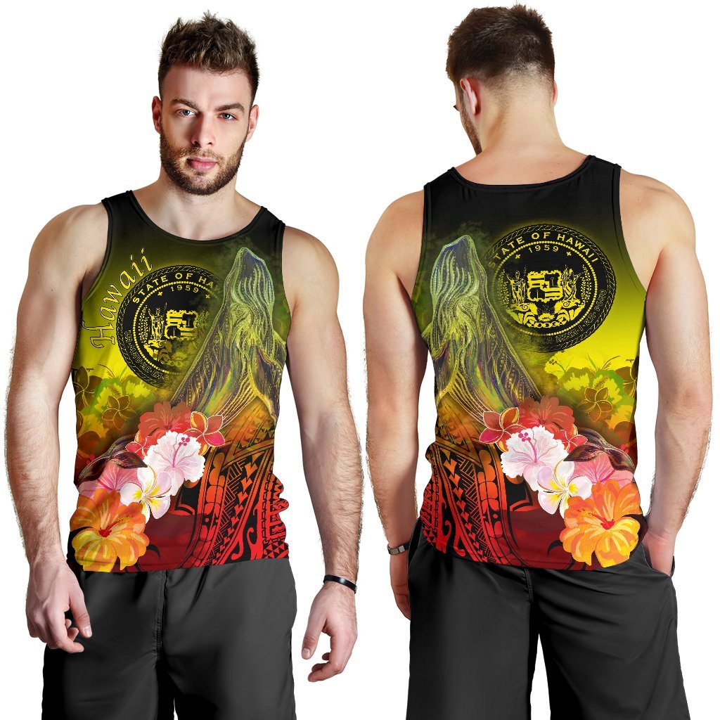 Polynesian Hawaii Men's Tank Top - Humpback Whale with Tropical Flowers (Yellow) - Polynesian Pride