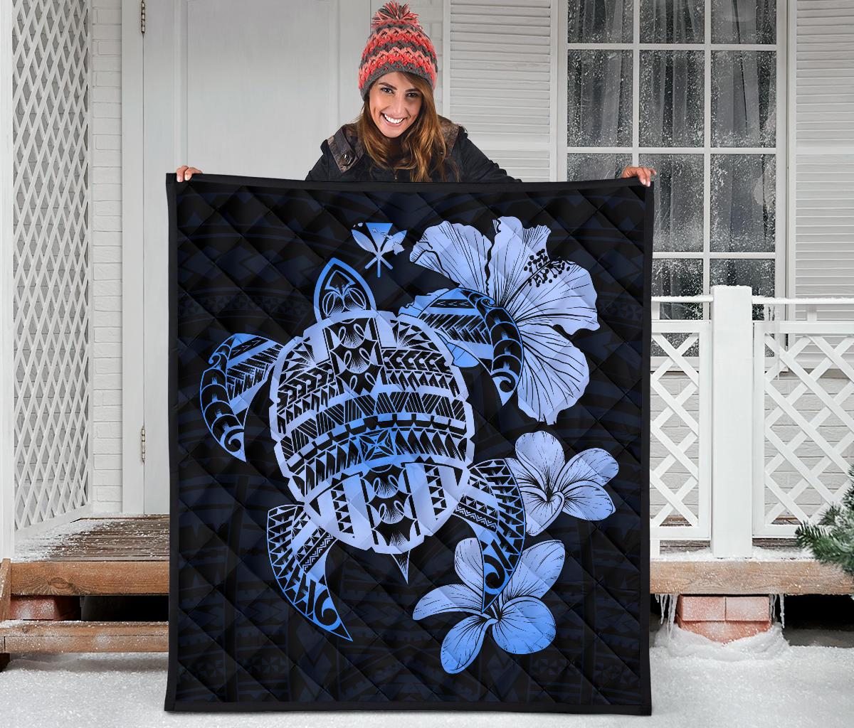 Hawaiian Kanaka Hibiscus Plumeria Mix Polynesian Turtle Premium Quilt Blue AH - Polynesian Pride