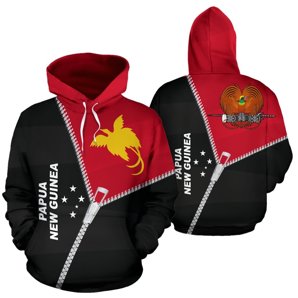 Papua New Guinea Hoodie Papua New Guinea Flag Coat of Arms Curve Zipper Style Unisex Black mix Red - Polynesian Pride