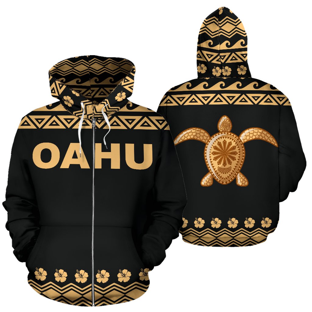 Oahu All Over Zip up Hoodie Polynesian Turtle Hoodie Unisex Black - Polynesian Pride