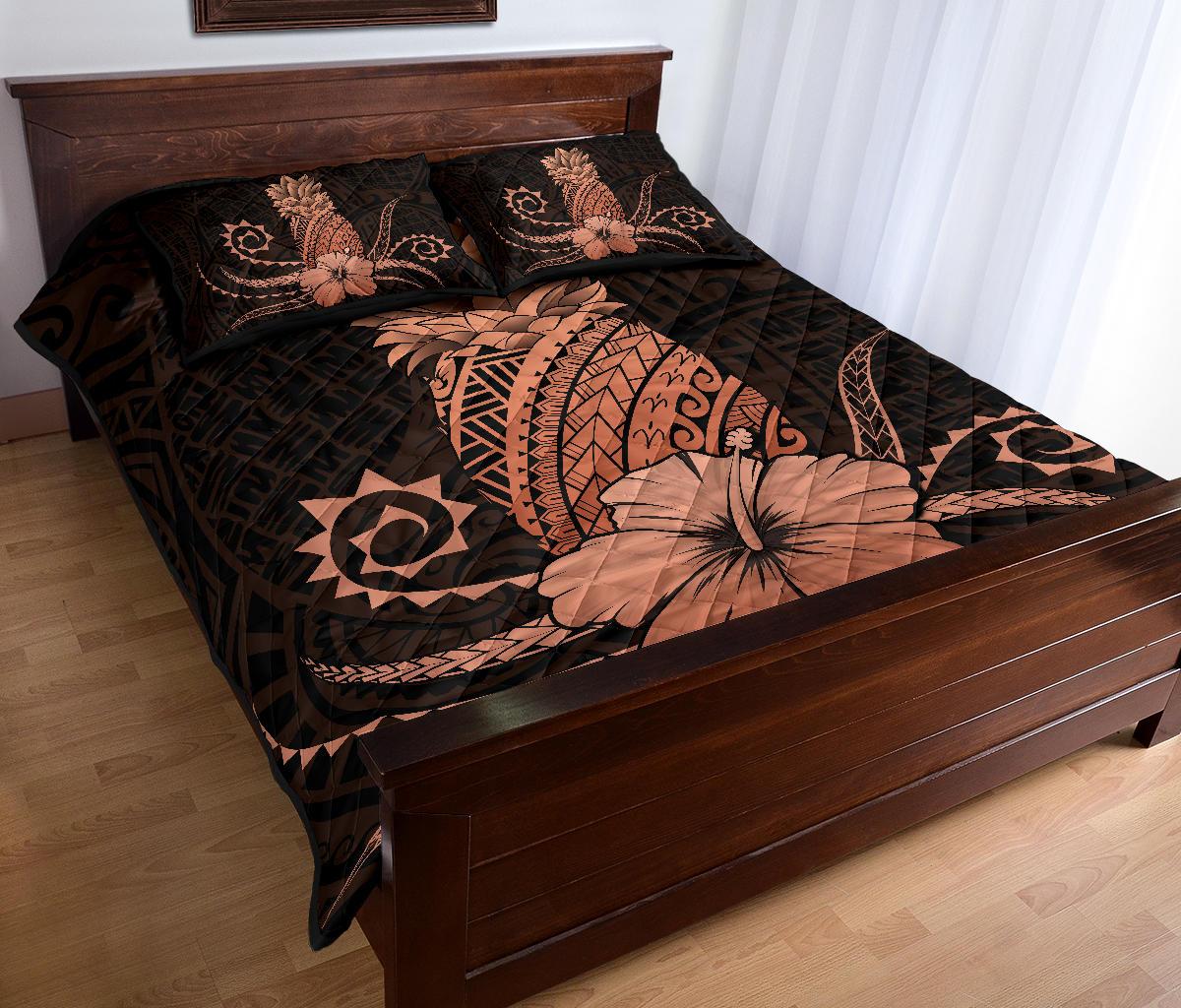 Hawaii Polynesian Pineapple Hibiscus Quilt Bed Set - Zela Style Orange - Polynesian Pride