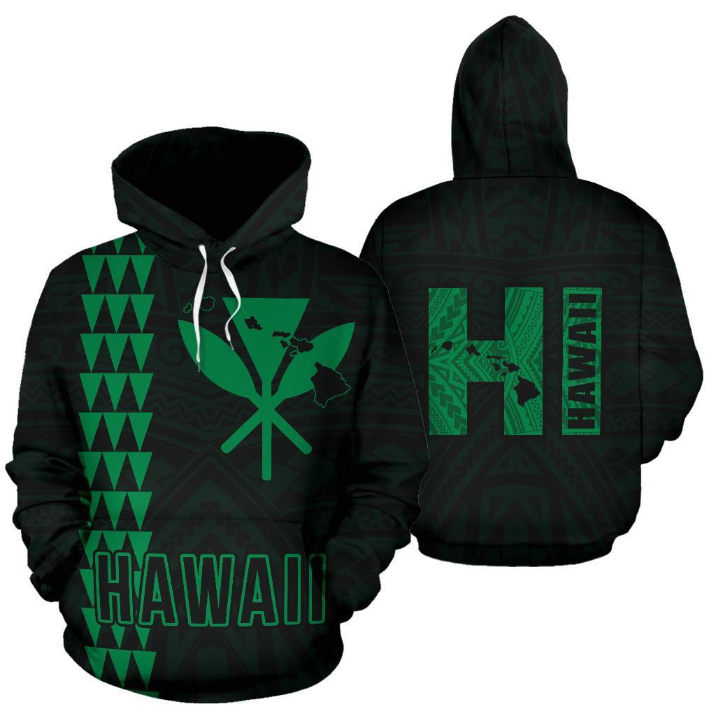 Polynesian Kakau Kanaka Map of Hawaii Hoodie Green Unisex Green - Polynesian Pride