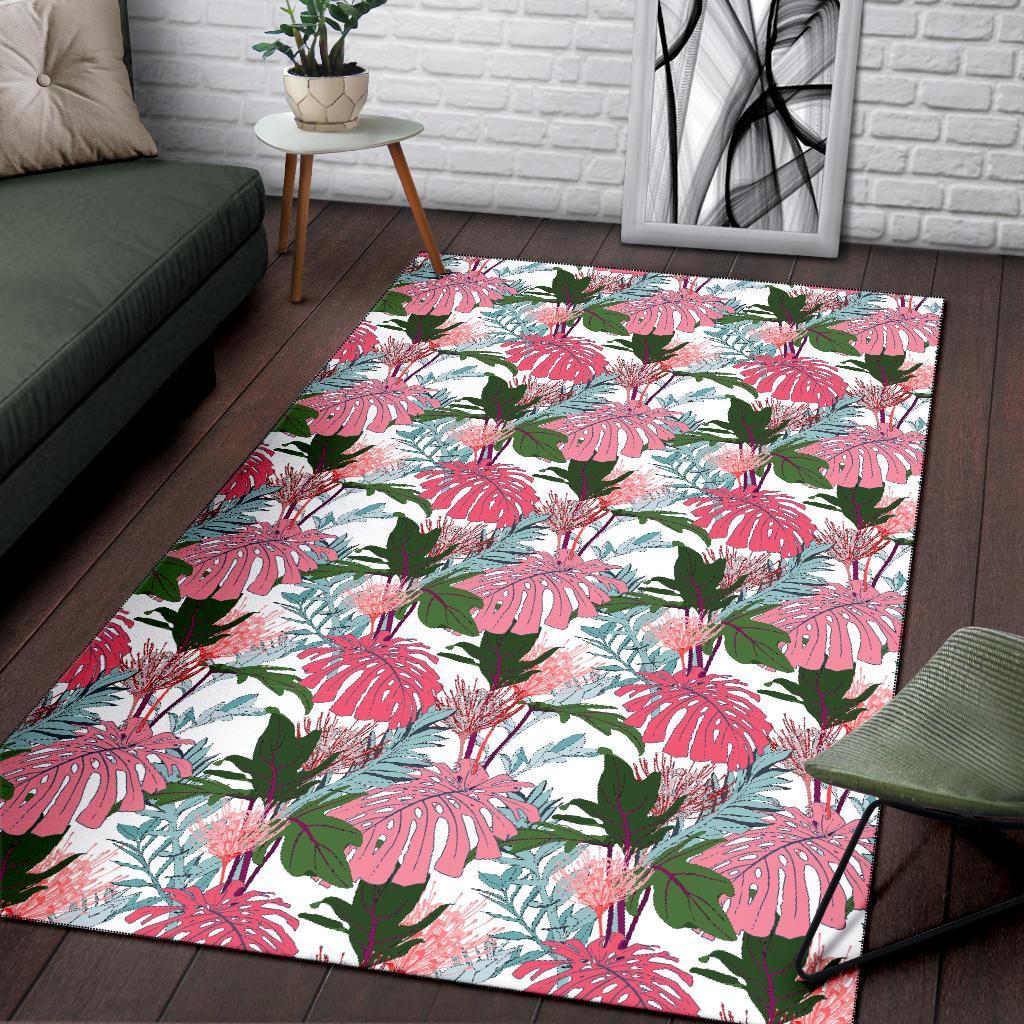 Pink Monstera And Green Tropical Leaves White Rug - Polynesian Pride