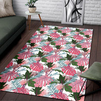 Pink Monstera And Green Tropical Leaves White Rug - Polynesian Pride