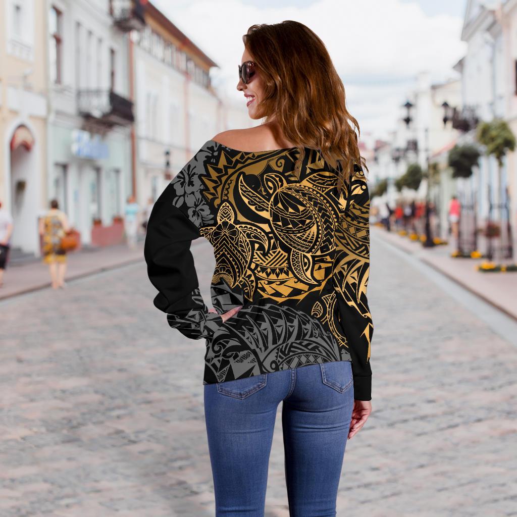 Samoa Polynesian Off Shoulder Sweater (Women) - Gold Turtle Flowing - Polynesian Pride